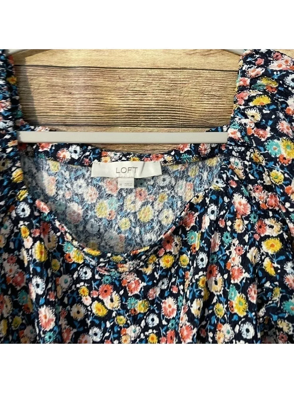 Loft Womens Floral Print Textures Square Neck Puff Sleeve Front Tie Top Size M